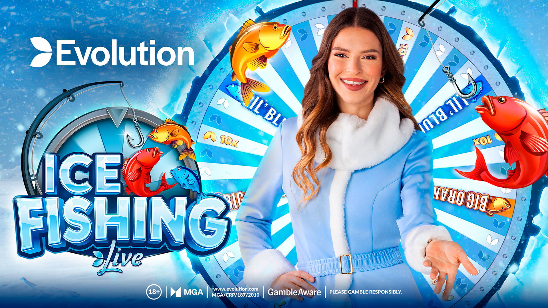 Ice Fishing Live by Evolution — presenter beside the Ice Fishing wheel with Lil' Blues, Big Oranges and Huge Reds fish